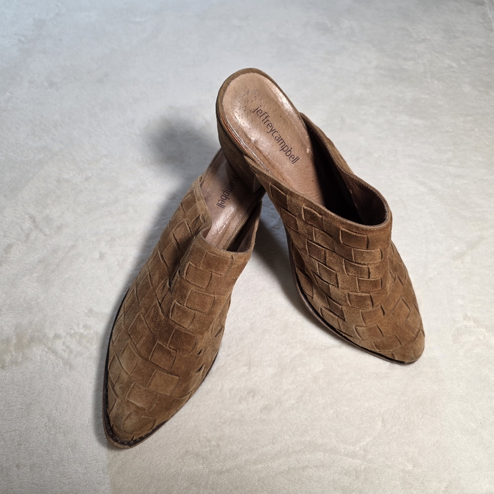 Jeffrey Campbell Tan Woven Suede Leather Mules